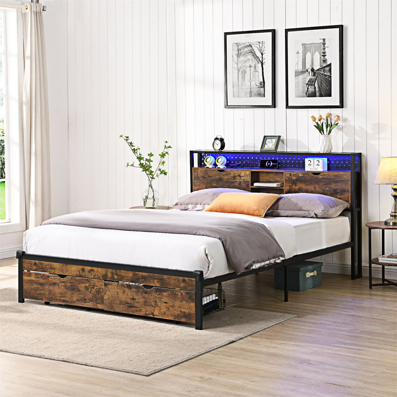 Base de lit Platm avec pied de lit USB, station de charge, tiroirs, Double