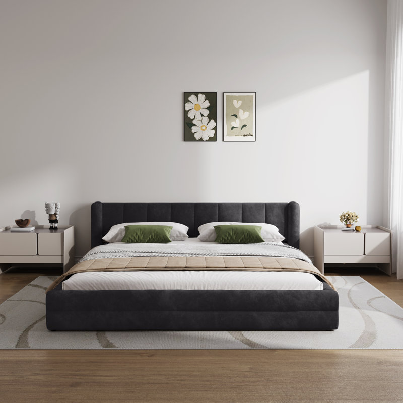 Queen Size Chenille Upholstered Low Bed Frame,   Platform Bed With Wingback Headboard, Dark Gray, Queen