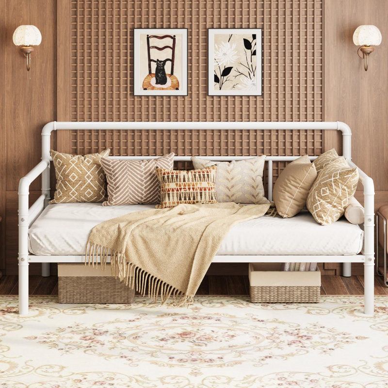  Metal Daybed Frame Twin Size, Heavy Duty Metal Twin Bed Frame, Daybed for Living Room Bedroom Guest Room, White