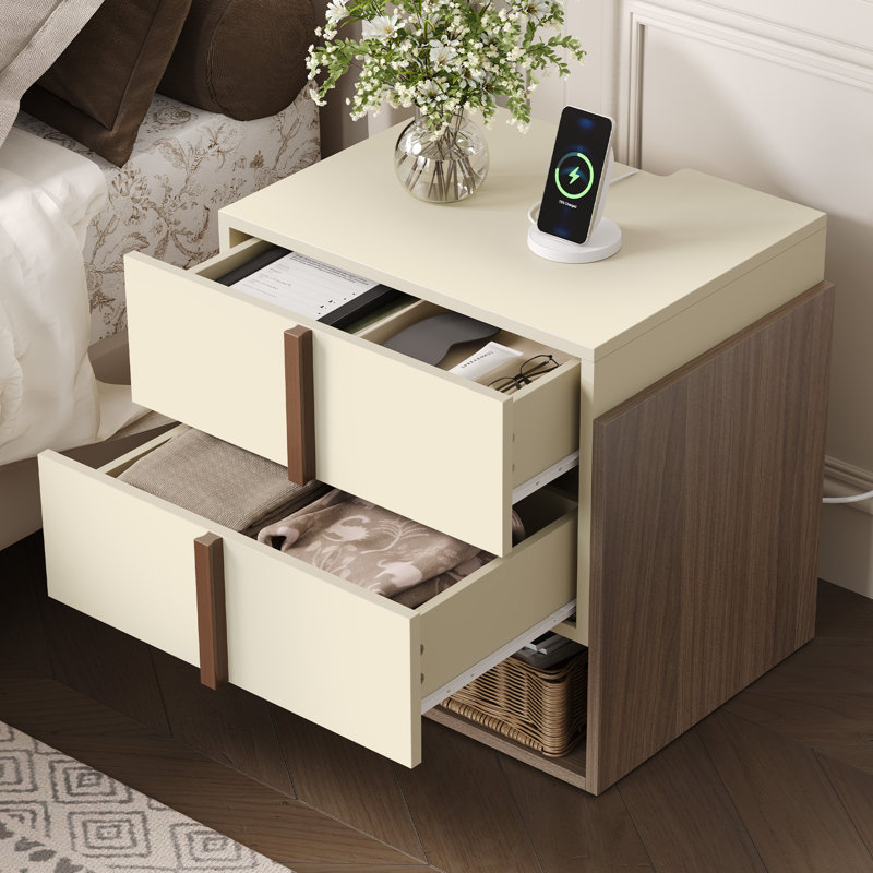 Table de chevet moderne à deux tons avec station de charge intelligente, Ensemble de 2