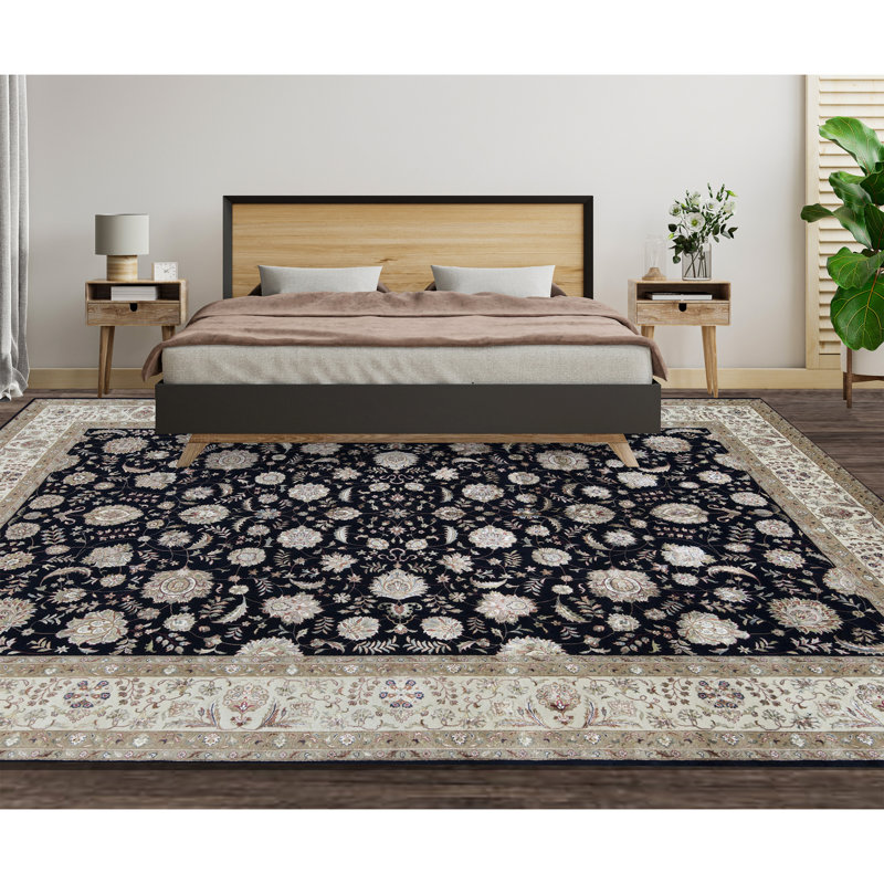 Tapis bleu marine et ivoire de haute qualité noué à la main, Rectangle 6' x 9'