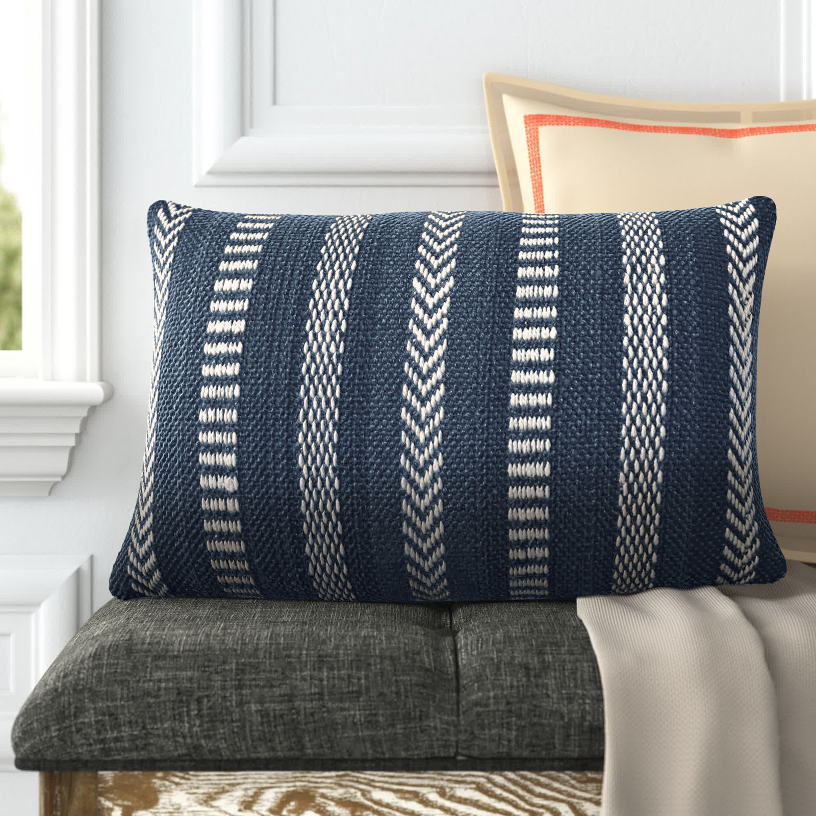 Positano 21" x 13" Embroidered Pillow Cover, Blue/Ivory, Polyester/Polyfill