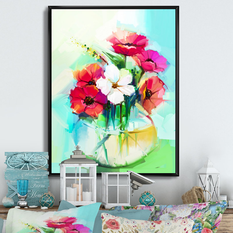 Fleurs de gerbera délicates aux couleurs pastel II - Peinture, H 32 po x l 16 po x P 1 po, Cadre flottant noir