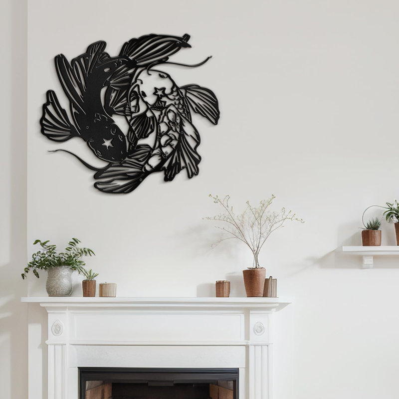Yin & Yang Carp Fish Animal Metal Wall Decor, 30" H x 30" W x 0.05" D, Black
