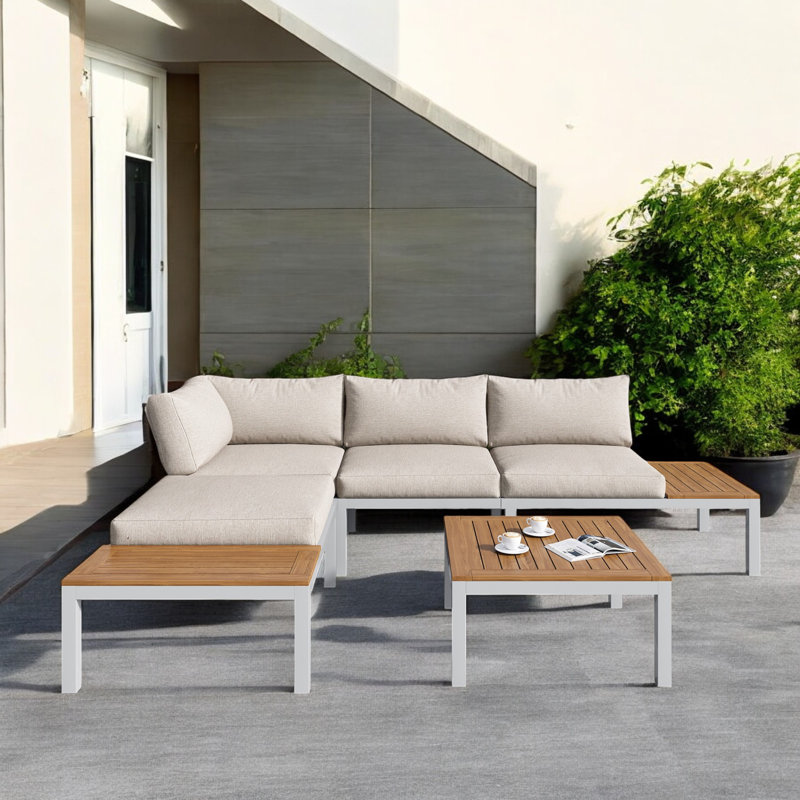 Outdoor Conversation Sets For 4 People L-Shaped Corner Sofa With Wooden Table, Beige