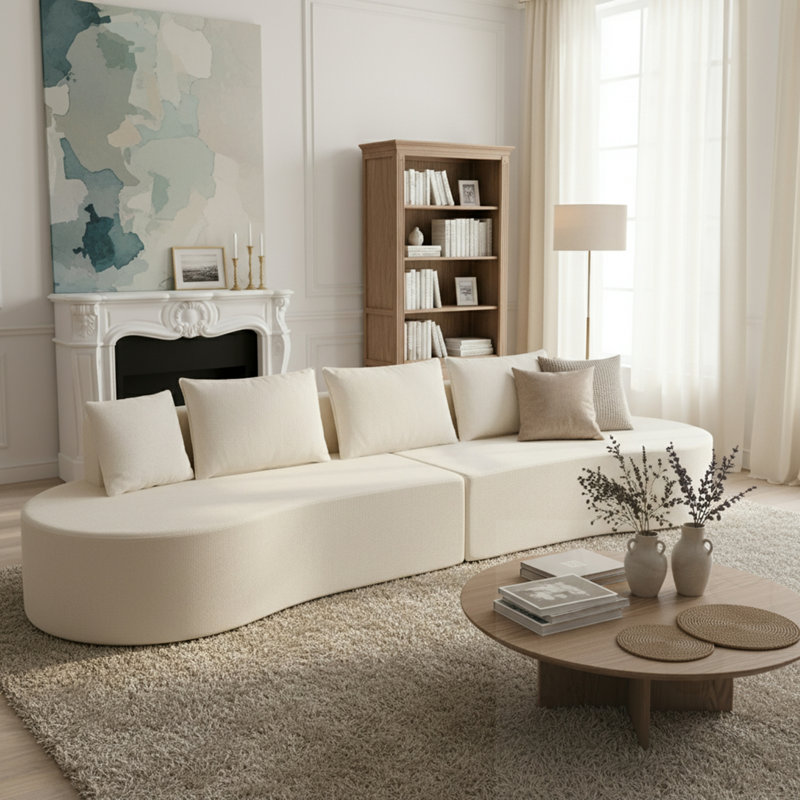 Canapé modulaire courbé avec coussins, Polyester blanc