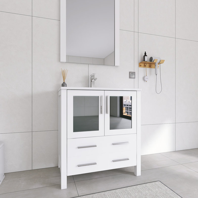 30" Single Bathroom Vanity with Ceramic Sink & Soft-Close Doors & Drawer- Solid Wood Frame & Easy-Clean Design, 30", White