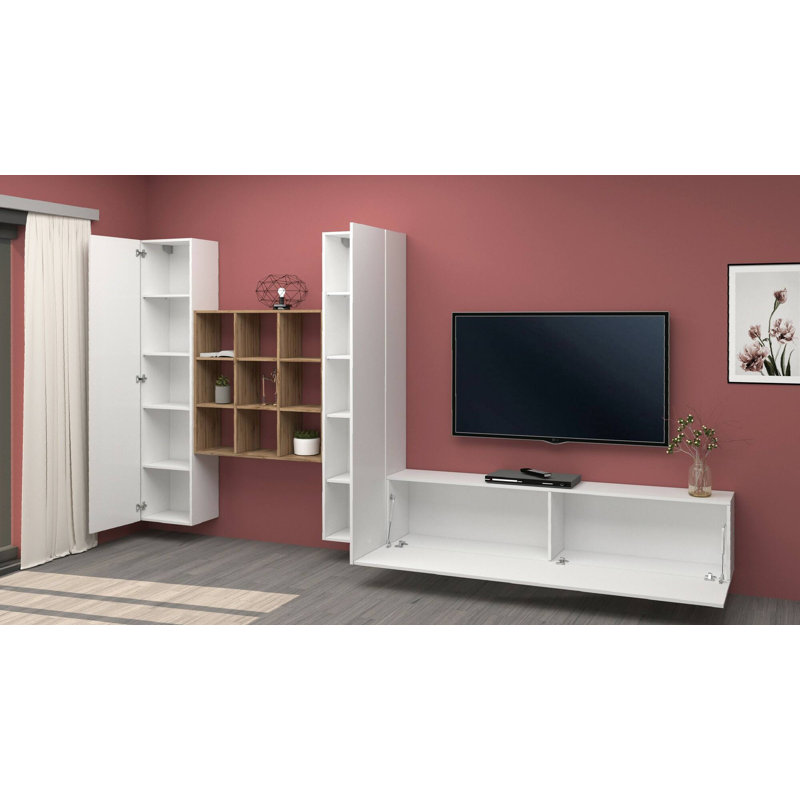 Mikesha Entertainment Centre for TVs up to 75", Glossy White/Maple