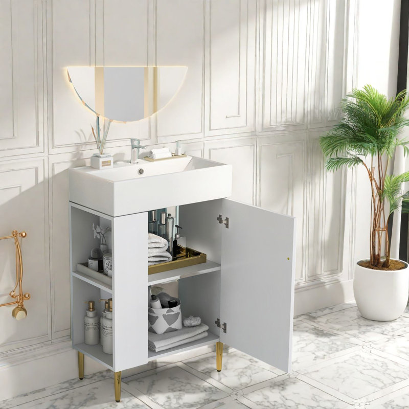 Modern White Bathroom Vanity With Ceramic Sink, Compact Storage Solution