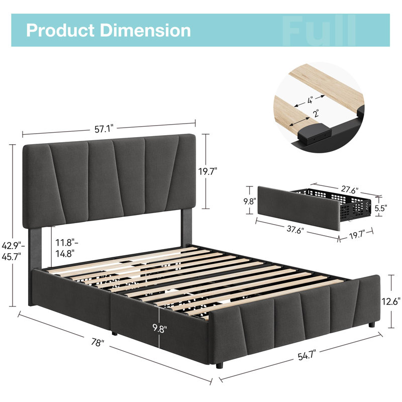 Full Bed Frame with Adjustable Headboard & 4 Drawers, Upholstered Platform Bed Frame, No Box Spring Needed, Gray, Full