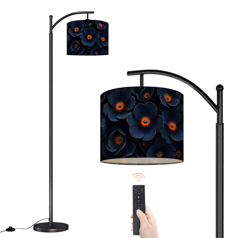 Lampe sur pied Arc avec abat-jour réglable Fleurs bleu foncé élégantes Lampe sur pied orange vif avec 3 températures de couleur, intensité variable, lampe sur pied avec interrupteur au pied pour la chambre à coucher