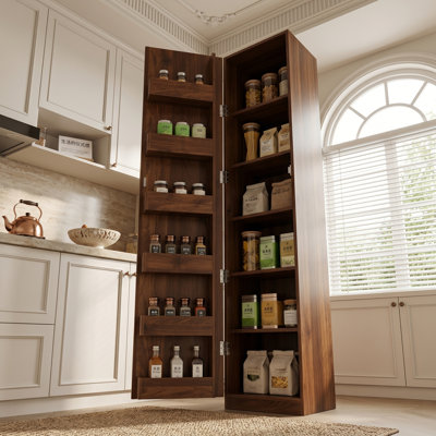 72" Walnut Kitchen Pantry Cabinet – Freestanding Buffet Cupboard With 6 Shelves & 6 Side Racks, Adjustable Storage For Dining Room, Living Room Or Bedroom