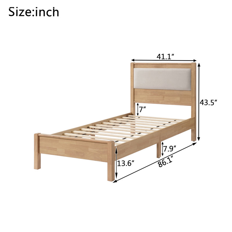 Lit Rigsby en bois, taille double XL, avec tête de lit rembourrée, Naturel