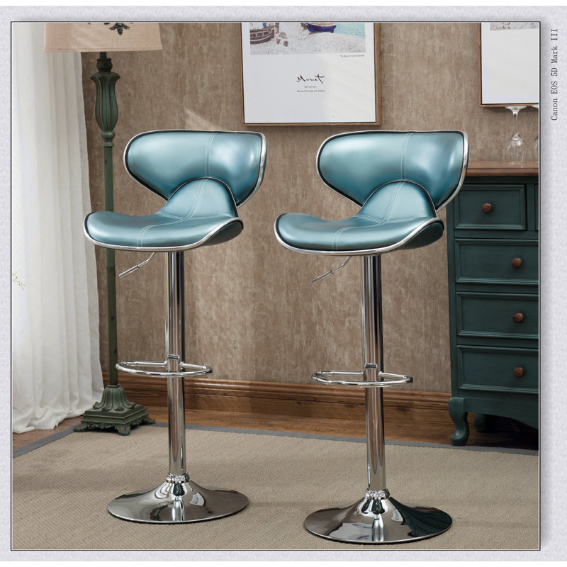 Masaccio Upholstery Airlift Adjustable Swivel Barstool with Chrome Base, Set of 2, Blue