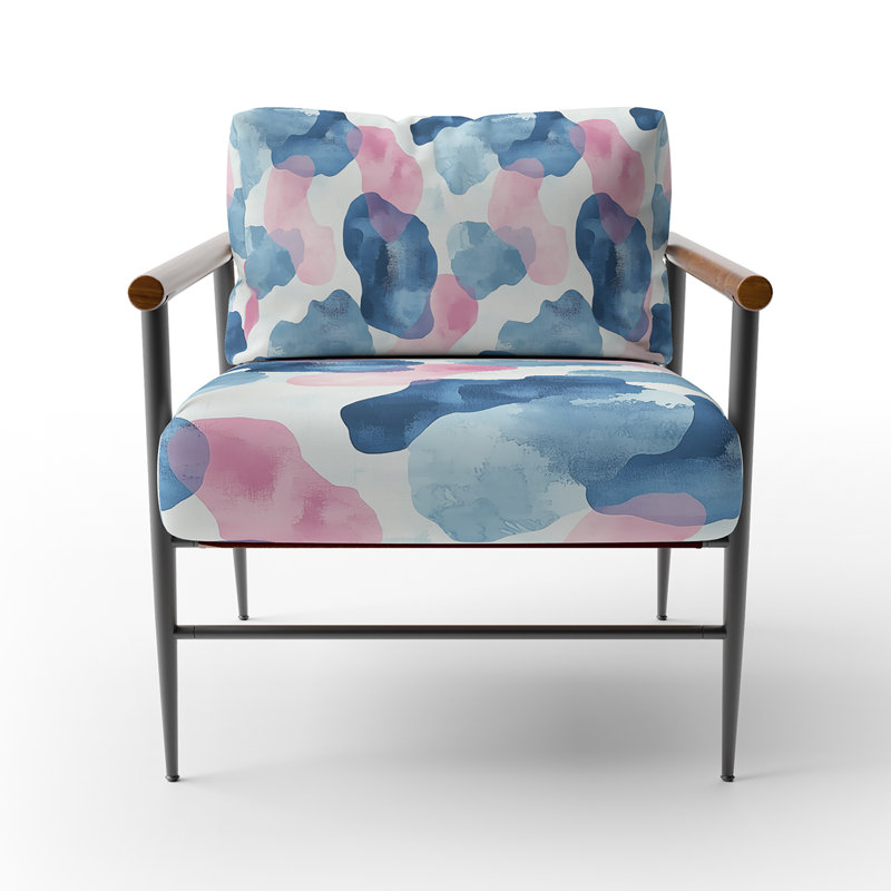Fauteuil rembourré bleu et rose Boho, Bras ronds bruns