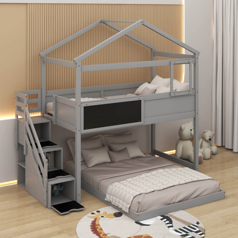 Twin Over Full House Bunk Bed With Blackboard, Gray