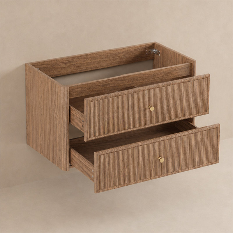 Meuble-lavabo mural simple de 91 cm (36 po) seulement, de style moderne du milieu du siècle, en bois cannelé avec coins arrondis, 2 tiroirs à fermeture douce