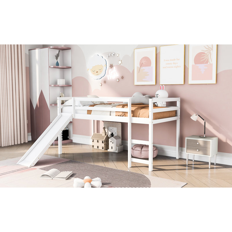 Lit mezzanine simple avec glissade, matériaux blancs, glissade élégante en bois de pin massif et confortable, Blanc