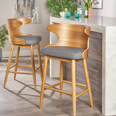 Paire de tabourets de bar style Mid-Century, coussin en tissu gris, bois d'hévéa, look de 41 po sur 2 chaises