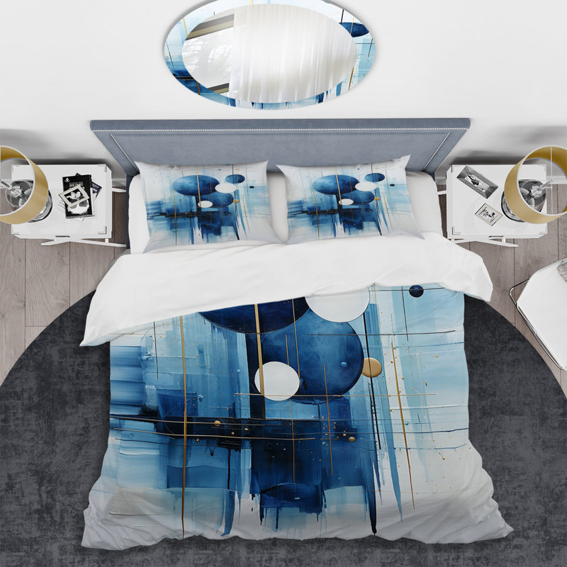 Ensemble de housse de couette nautique géométrique blanche et bleue à formes géométriques abstraites V