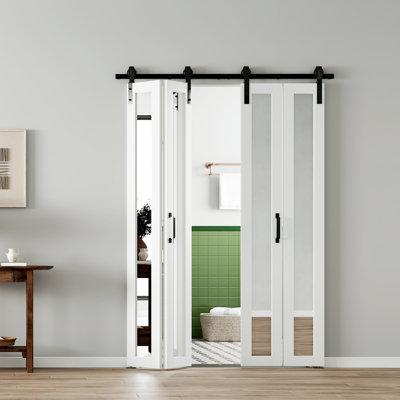 Porte de grange pliante en bois sans finition avec miroir