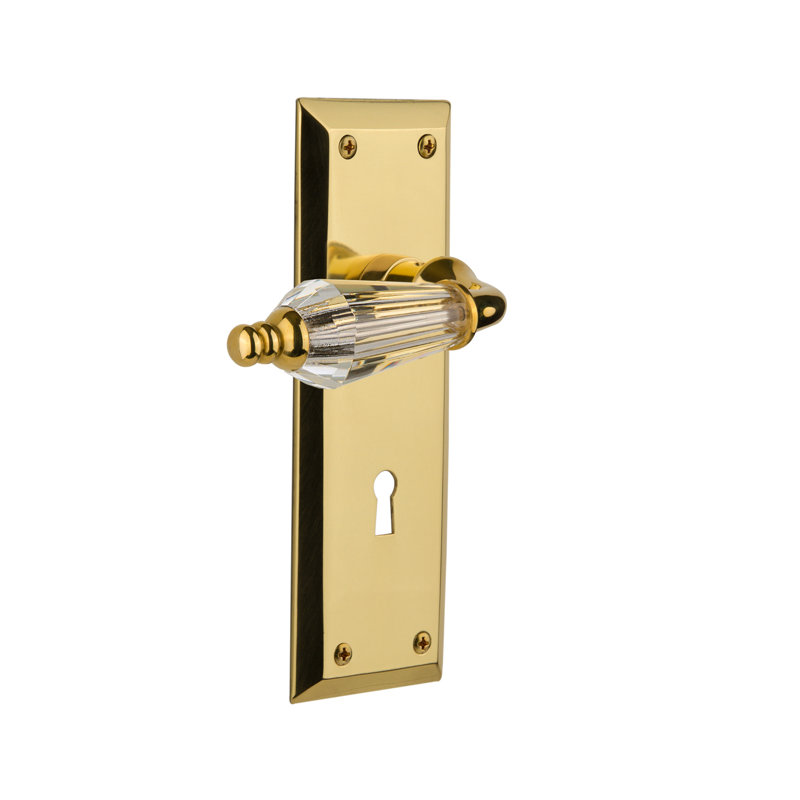 New York Plate with Decorative Keyhole and Privacy (Bed & Bath) with Parlour Lever, 2.75", Unlacquered Brass