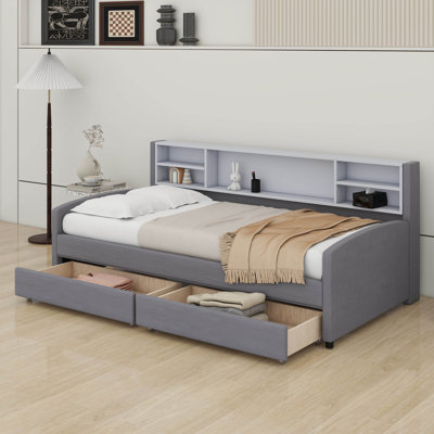 Lit plateforme tapissier simple en velours avec 2 tiroirs, lit de jour en L avec tablette de rangement