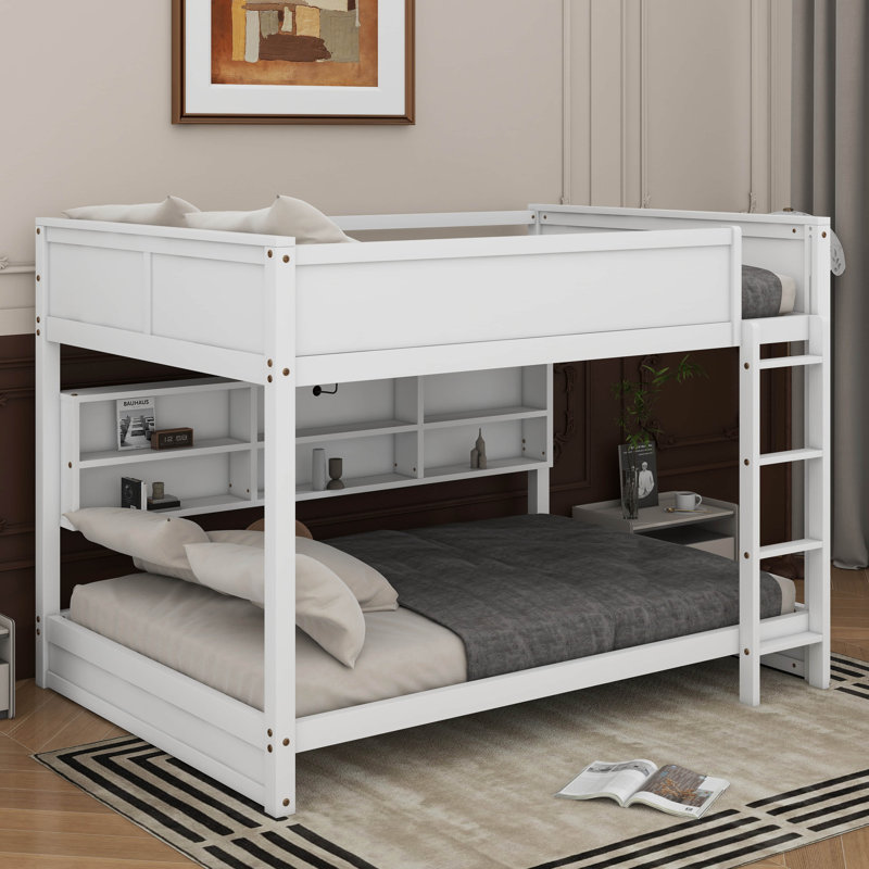 Queen Over Queen Bunk Bed With Built-In Storage Cabinets And Charging Station, White