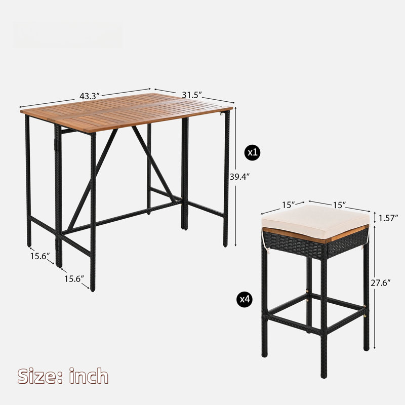 5-piece Outdoor Dining Table Sets Included 1 Foldable Table And Four Stools With Cushions