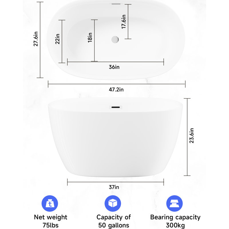 47'' Acrylic Soaking Tub - Oval Freestanding White, Luxurious Design, Bathroom Bathtub Freestanding, Material, Drain, White