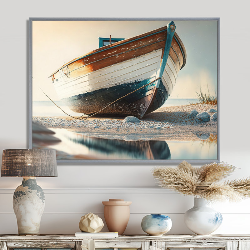 Bateau sur le rivage I - reproduction sur toile de bateau côtier, 16" H x 32" W, Encadrement argenté