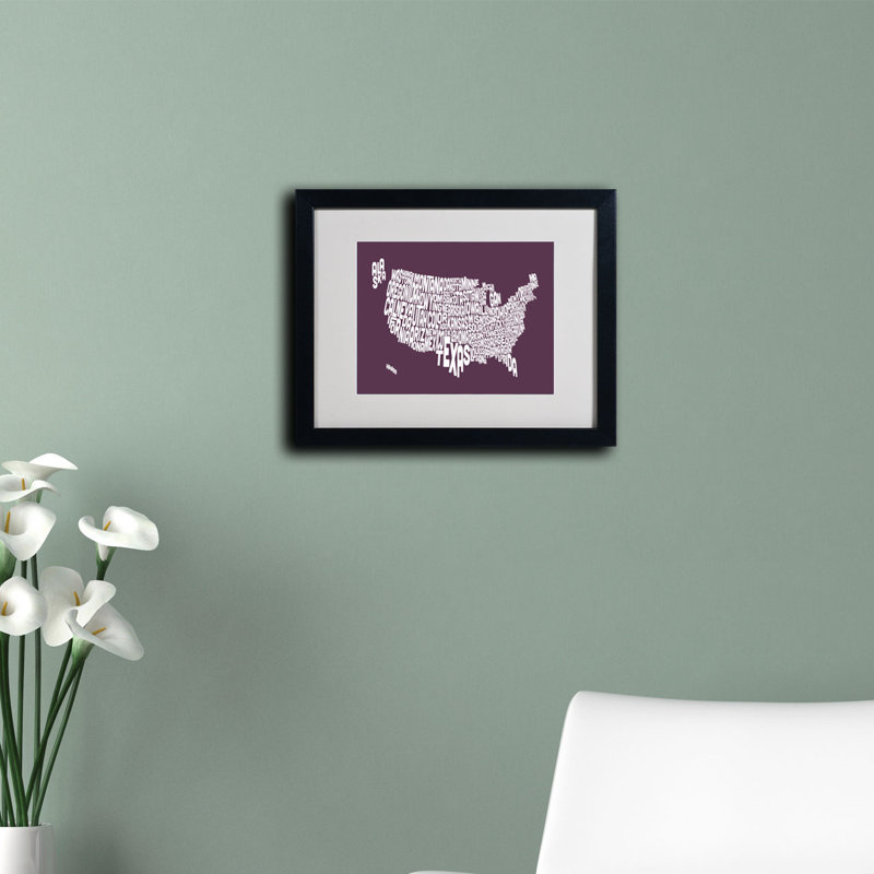 « usa states text map », reproduction d’art textuel sur toile encadrée, H 16 po x l 20 po, Noir, Brun