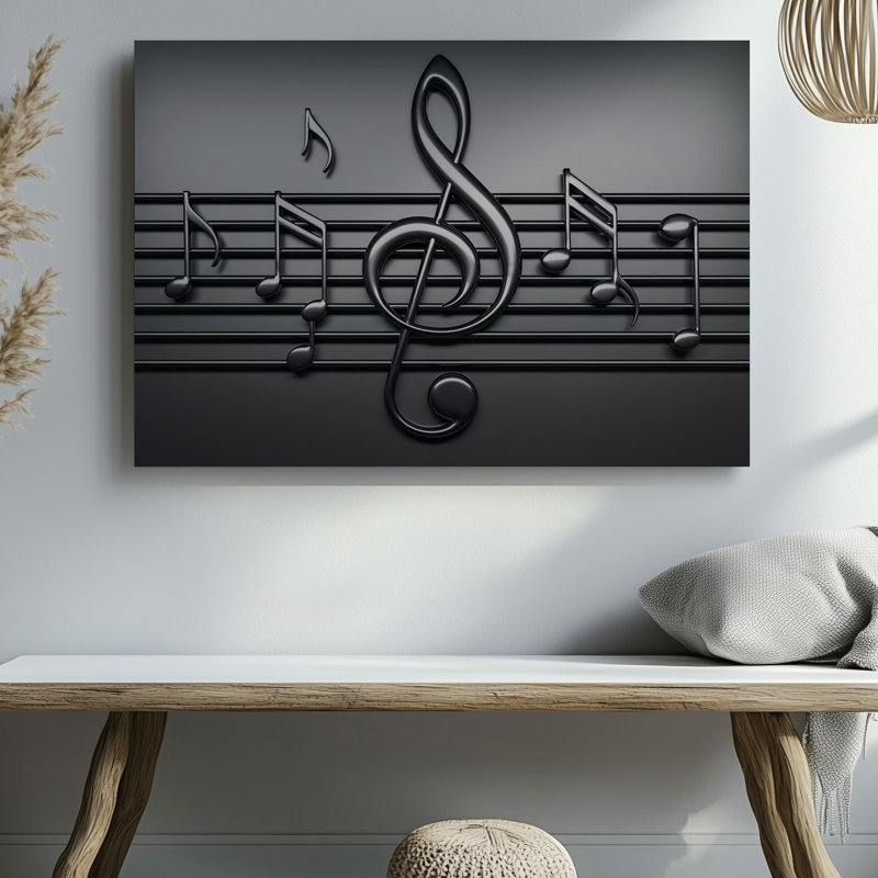 Toile, une représentation moderne et élégante de notes de musique et une clé de trio d'art mural fabriquée à partir d'un matériau noir brillant