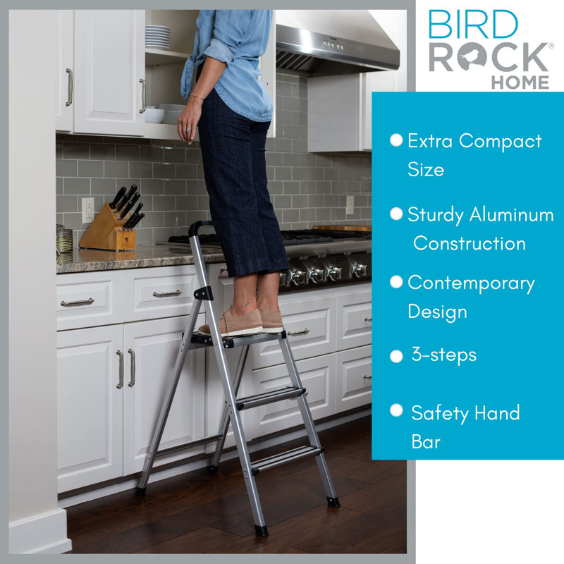 3 Step Ladder Folding Step Stool for Kitchen, Pantry, Closet, or Home Office - Lightweight Aluminum Space Saving Non-Slip Indoor Foldable Stepladder with Handrail (Silver)