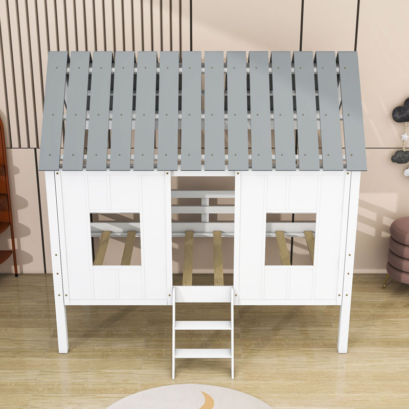 Lit mezzanine simple pour enfants avec toit et deux fenêtres à l'avant