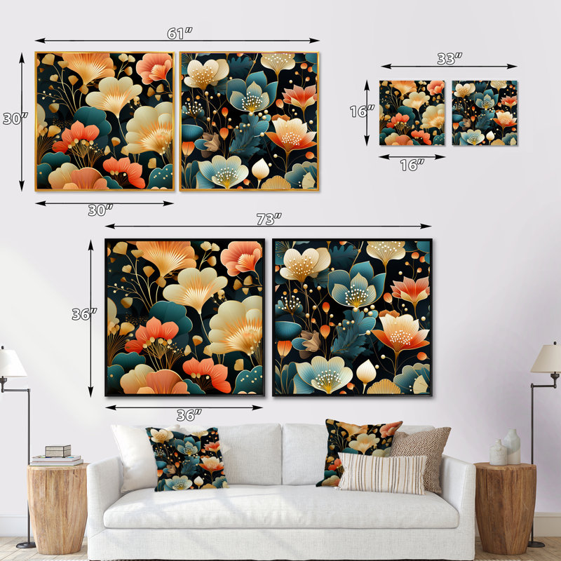 Elora - Ensemble de 2 collages carrés botaniques abstraits, Cadre flottant noir, H 16 po x l 33 po