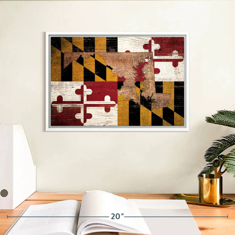 Carte d'État sur le drapeau du Maryland, Cadre flottant blanc, 13 po x 9 po
