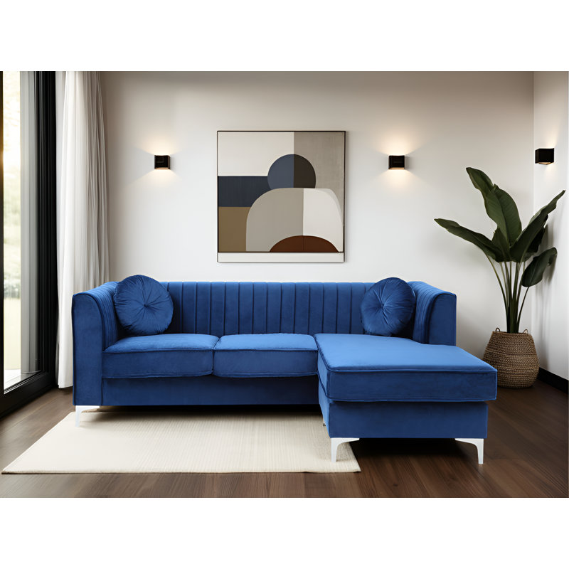 Tetouan Velvet Microsuede Sofa Chaise, Navy Blue Microfiber / Microsuede/Velvet
