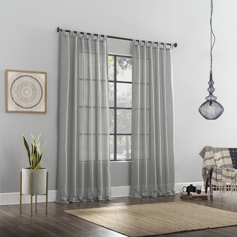 Panneau de rideau semi-diaphane avec mélange de coton et tissage gaufré Aerick, Chrome gris, L 50 po x L 84 po