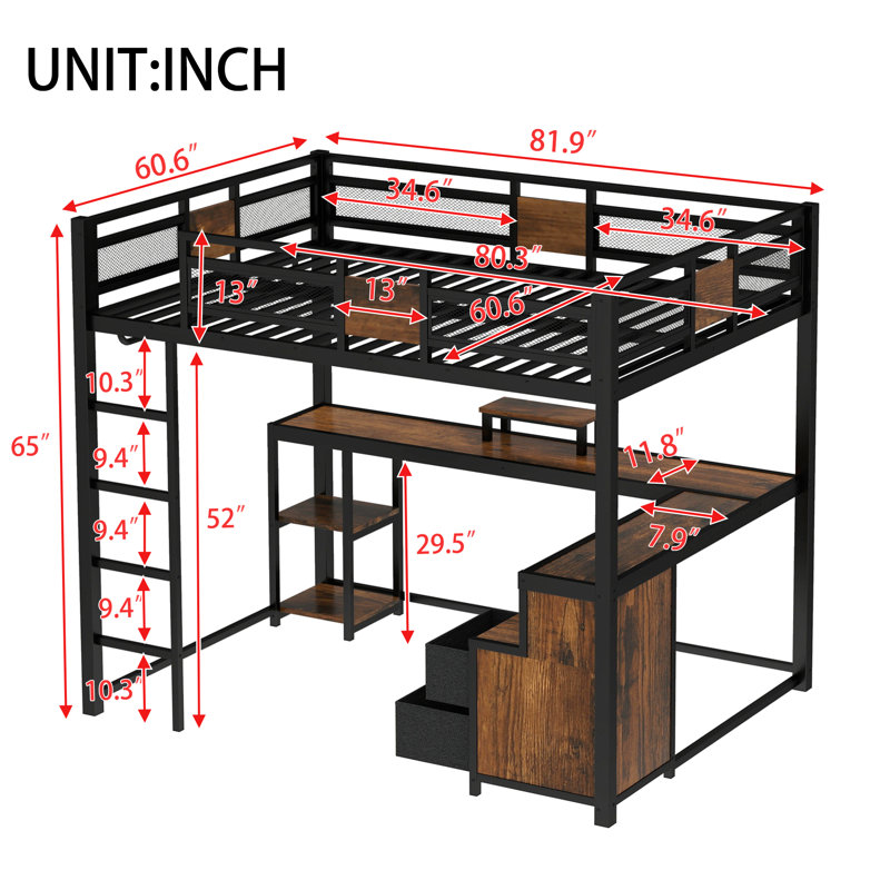 Grand lit mezzanine avec bureau et rangement, structure en métal, tiroirs non tissés, silencieux, sans sommier, noir