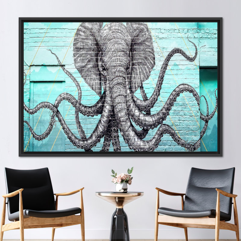 Illustration abstraite de graffiti moderne avec éléphant vibrant et pieuvre sur toile de qualité, H 41 po x l 94 po, Noir