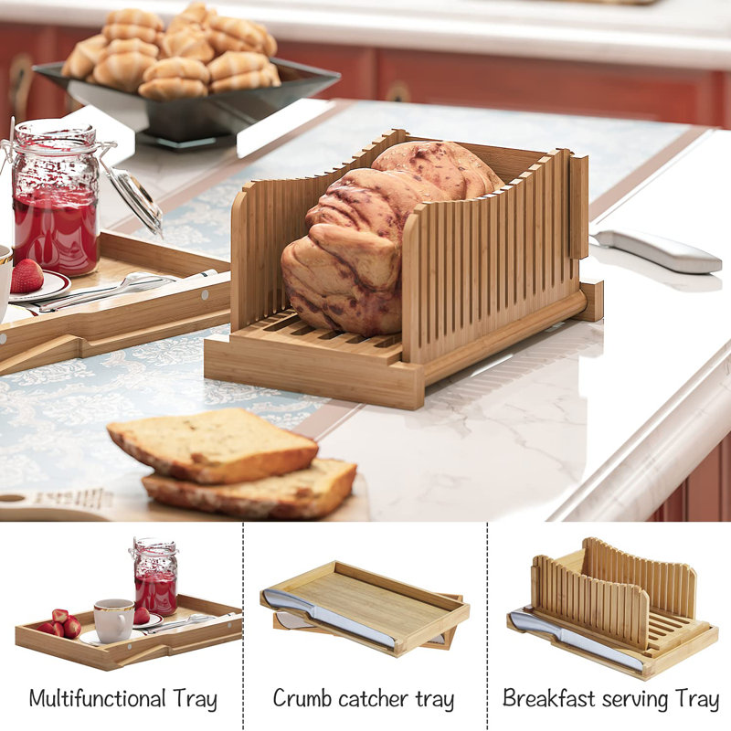 Bamboo Bread Slicer With Serrated Knife, Adjustable Bread Slicer Guide With 3 Thickness Size, Foldable Compact Chopping Cutting Board With Crumb Tray, Great For Homemade Bread, Cakes, Bagels