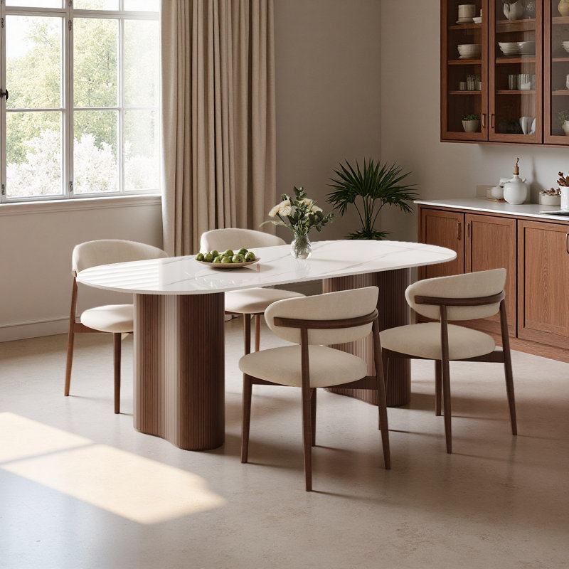 7-piece Oval Dining Table Set, Modern Sintered Stone Dining Table With 6 Solid Wood Upholstered Dining Chairs