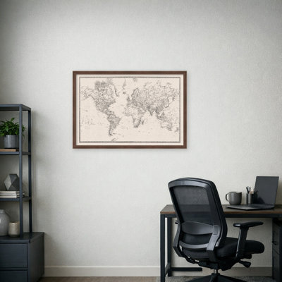 Framed Fabric Magnetic Board Vintage Black and White Linen World Map Printed Linen Bulletin Board