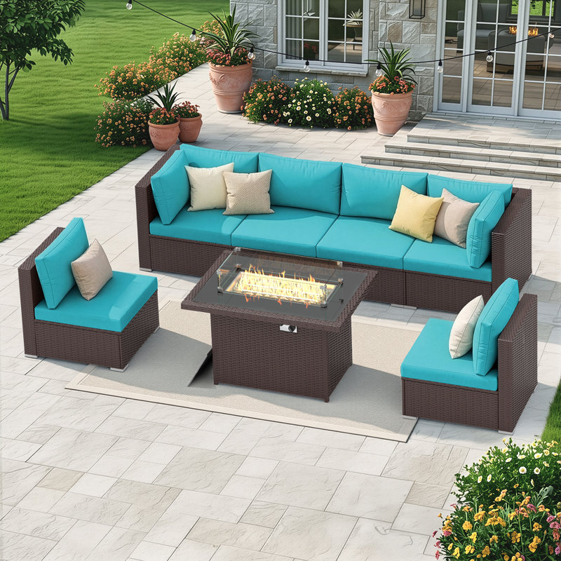 7-Piece Outdoor Furniture Set with Fire Pit Patio Wicker Conversation Set Cushions, Espresso, Teal
