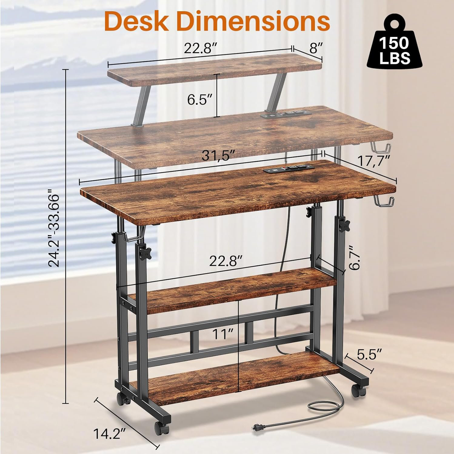 Inbox Zero Adjustable Height Computer Desk With Power Outlets, 31.5 ...