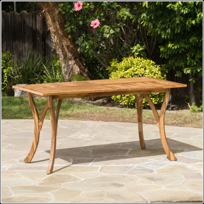 Outdoor Rectangular Solid Wood Dining Table with Teak Finish and Slatted Acacia Top
