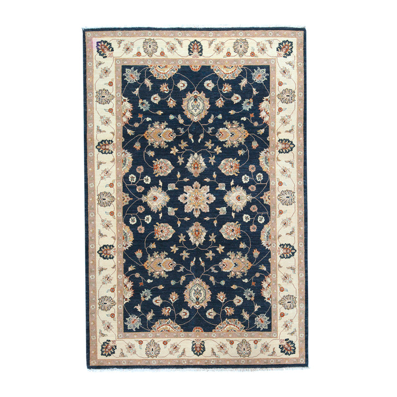Tapis bleu marine / ivoire / beige en laine noué à la main de conception unique 6 pi x 9 pi 3 po