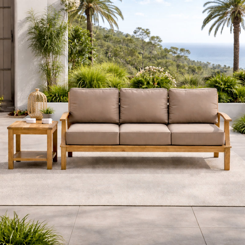 Galvan 82.68'' Wide Teak Patio Sofa with Cushions, Tan