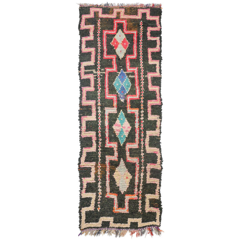 Tapis de couloir noir en laine de conception unique 3 pi 4 po x 9 pi Moroccan Rugs